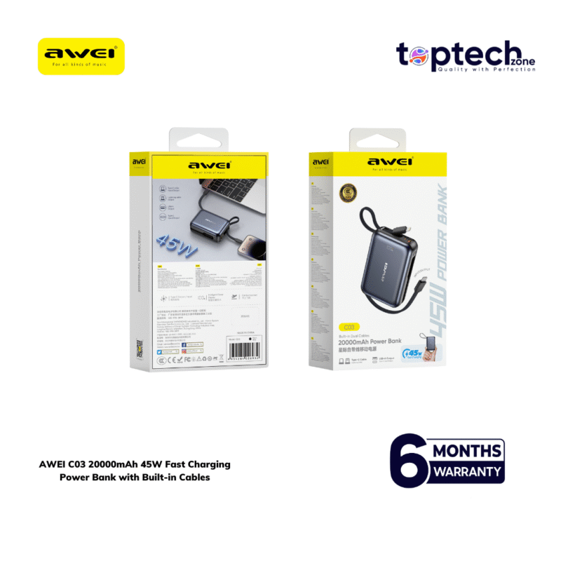 AWEI C03 20000mAh 45W Fast Charging Power Bank with Built-in Cables - Image 2