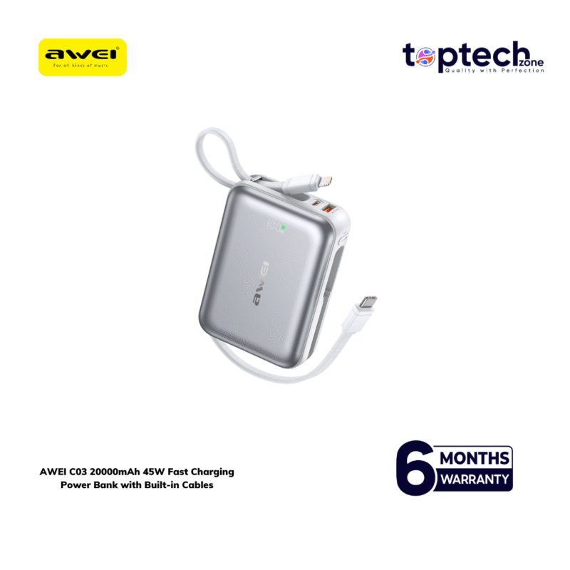 AWEI C03 20000mAh 45W Fast Charging Power Bank with Built-in Cables - Image 4