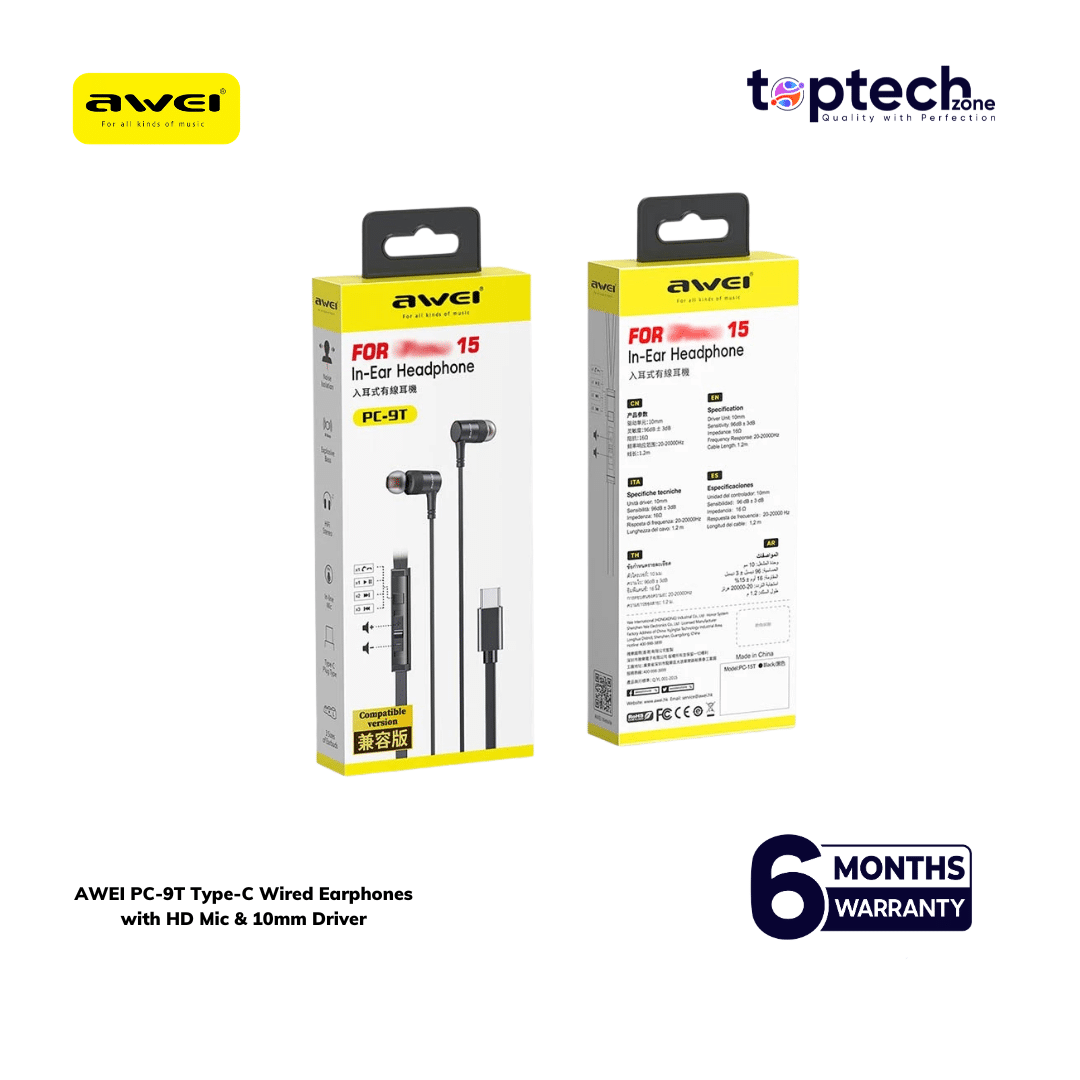 AWEI PC-9T Type-C Wired Earphones with HD Mic & 10mm Driver - Image 2