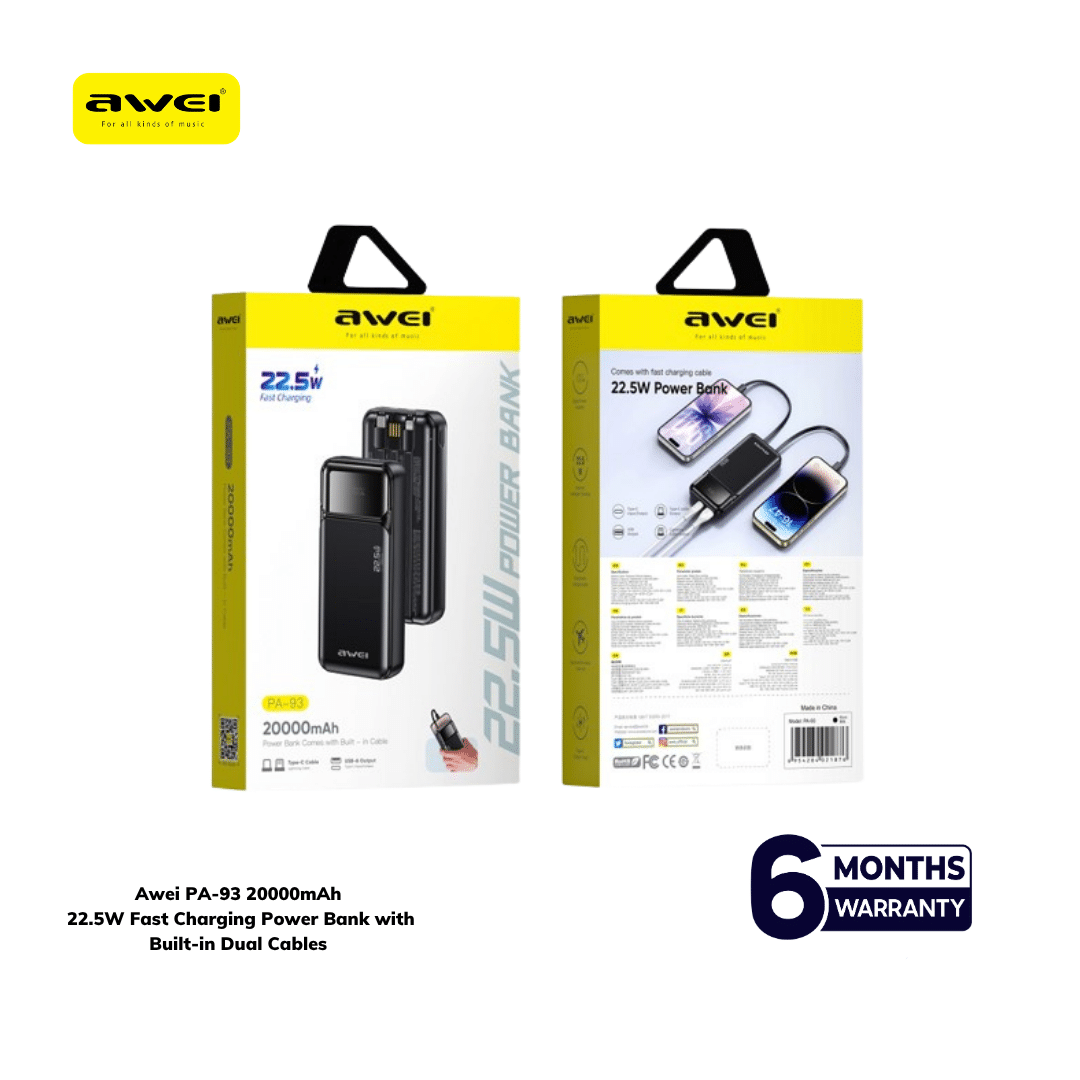 Awei PA‑93 20000mAh 22.5W Fast Charging Power Bank with Built‑in Dual Cables - Image 2
