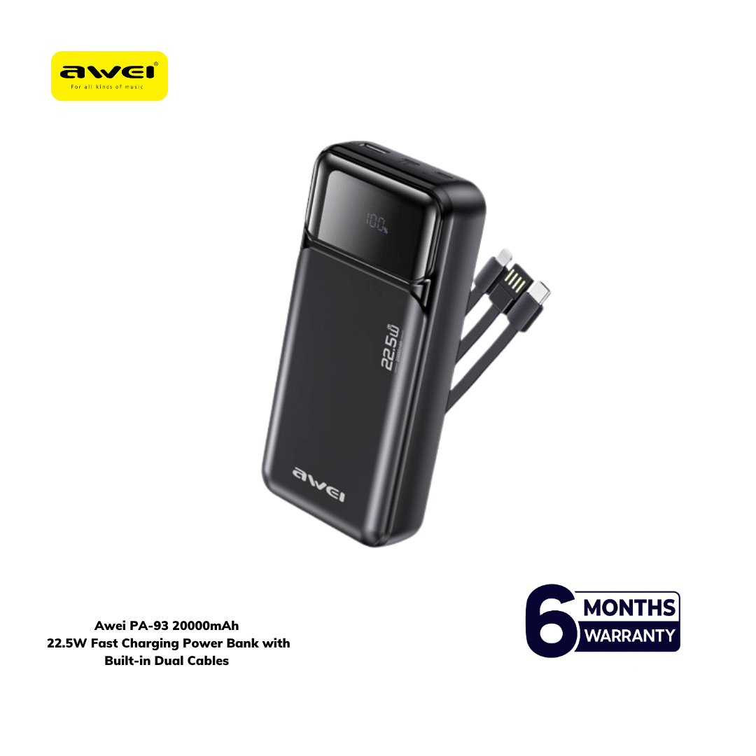 Awei PA‑93 20000mAh 22.5W Fast Charging Power Bank with Built‑in Dual Cables