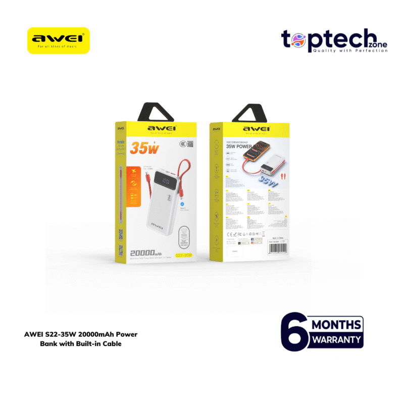 AWEI S22-35W 20000mAh Power Bank with Built-in Cable - Image 4