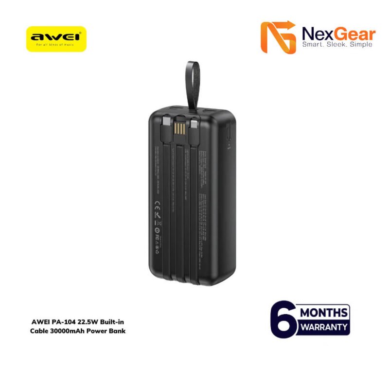 Alternative view of AWEI PA-104 22.5W Built-in Cable 30000mAh Power Bank